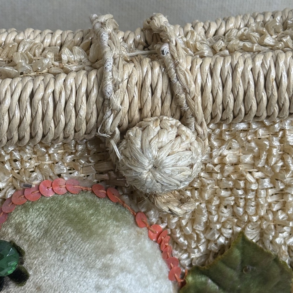 Vtg 1950s Straw Purse W/ shells, flowers & Fruit Summer Handbag Made In Japan - Picture 2 of 9